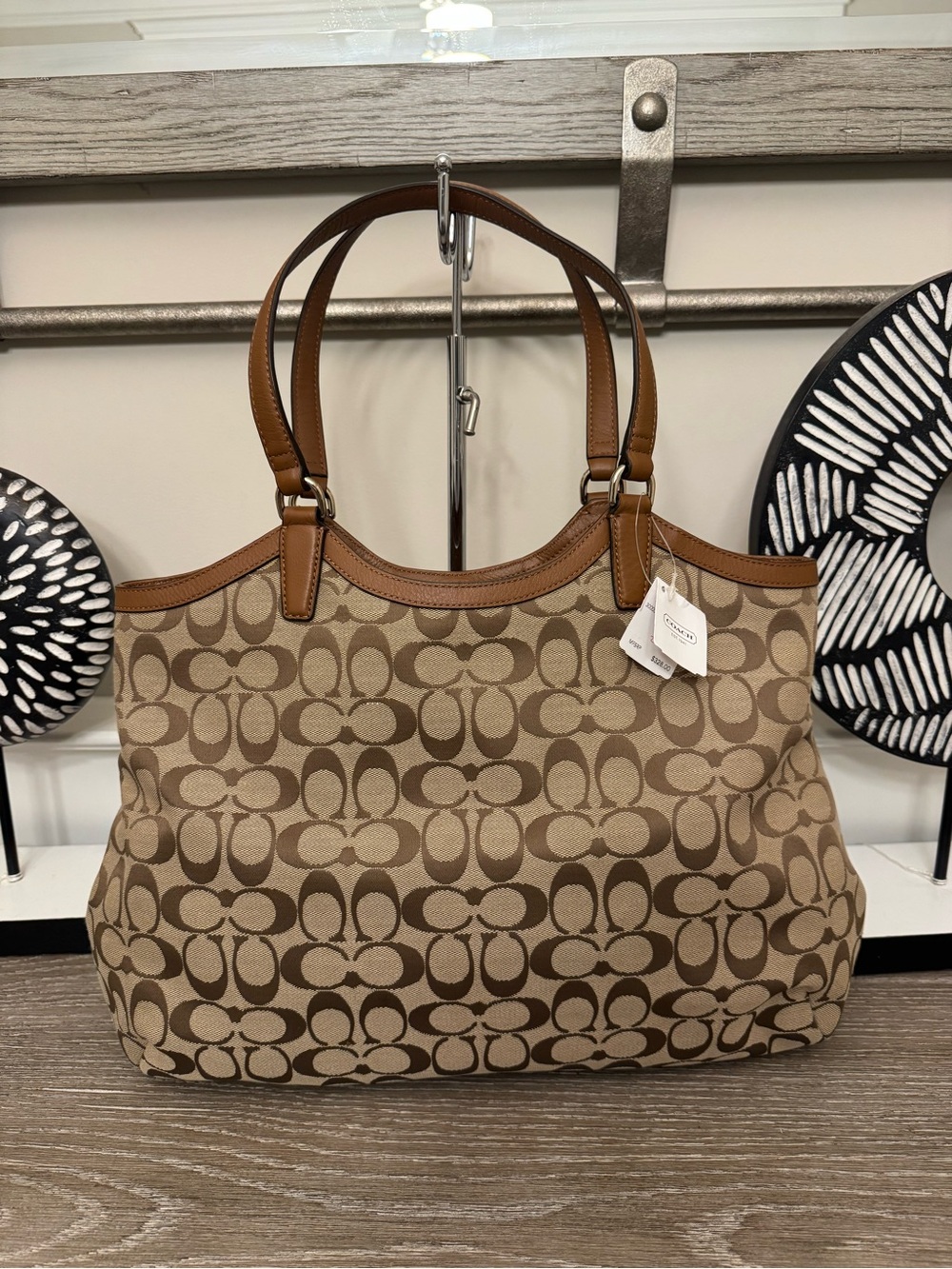 Coach Tan Signature  Canvas Tote with Brown Leather Trim - Picture 2 of 13